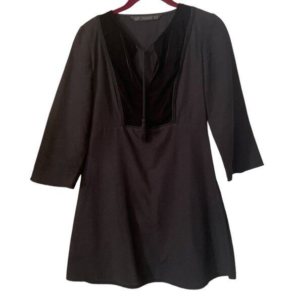Zara Trafaluc Velvet Bib Mini Dress Tunic With Tassels Fairy Goth Witchy Black S - Picture 1 of 6